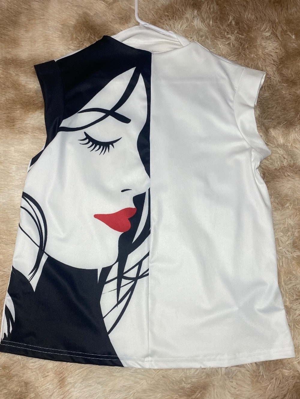 Women’s Sleeveless Graphic Top – Black & White Face Print High Neck Blouse